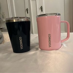 TWO Corkcicle mugs tumblers pink (16 oz.) and navy blue (12 oz.)